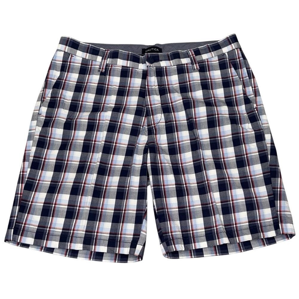 Men's Plaid Deck Shorts Flat Front 34W Blue White‎ Cotton Classic Preppy Pockets